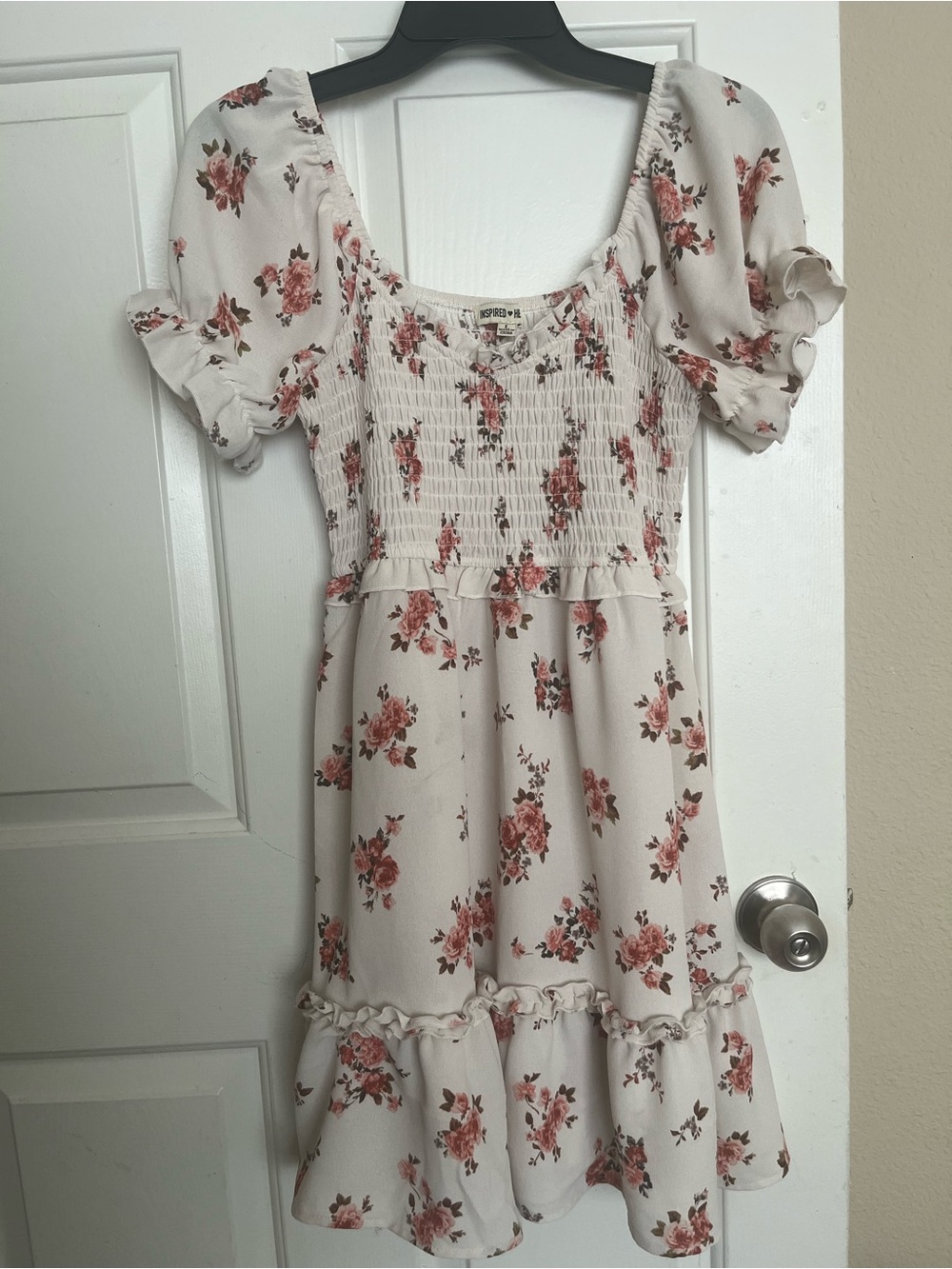 Inspired Hearts Cream Midi Dress with Pink Floral Print